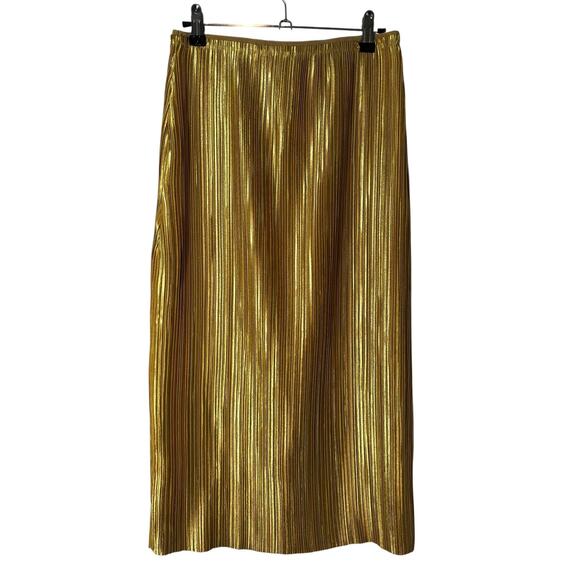 Anthropologie Maeve Domi Gold Foil Pleated Midi Skirt 2 Event Party Holiday - Picture 9 of 10
